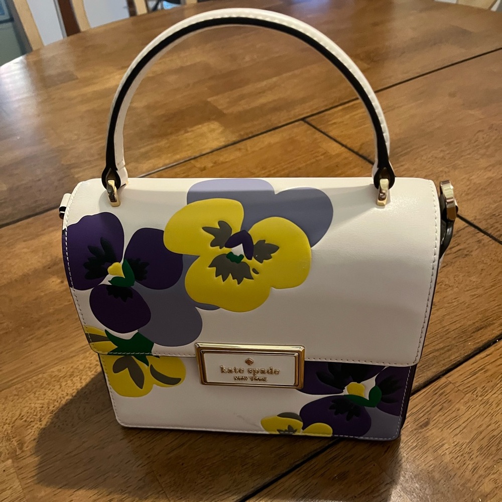 Kate Spade Floral White Satchel with Purple and Yellow Accents